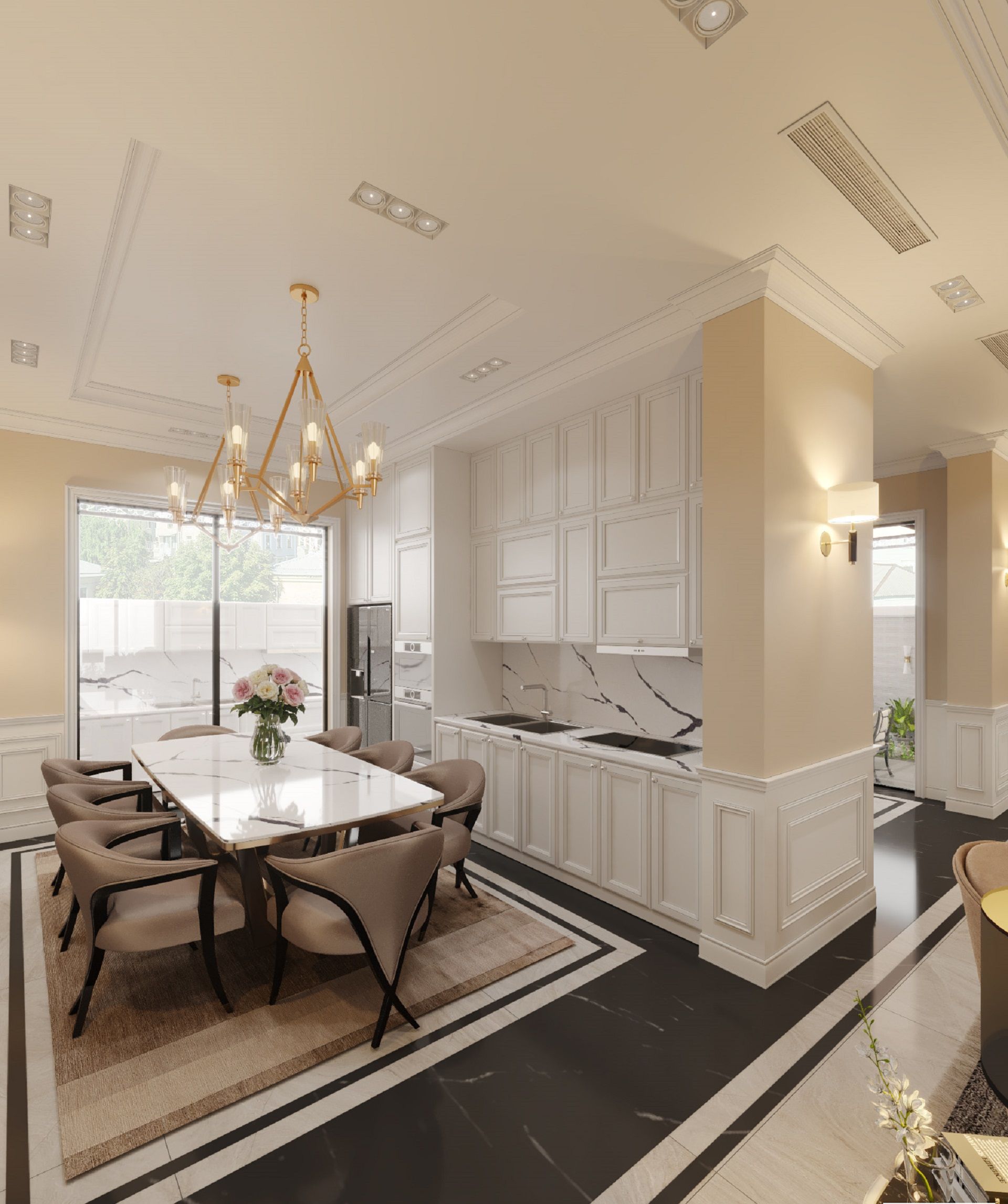 Phòng bếp với nội thất cơ bản gồm bàn ăn và tủ bếp