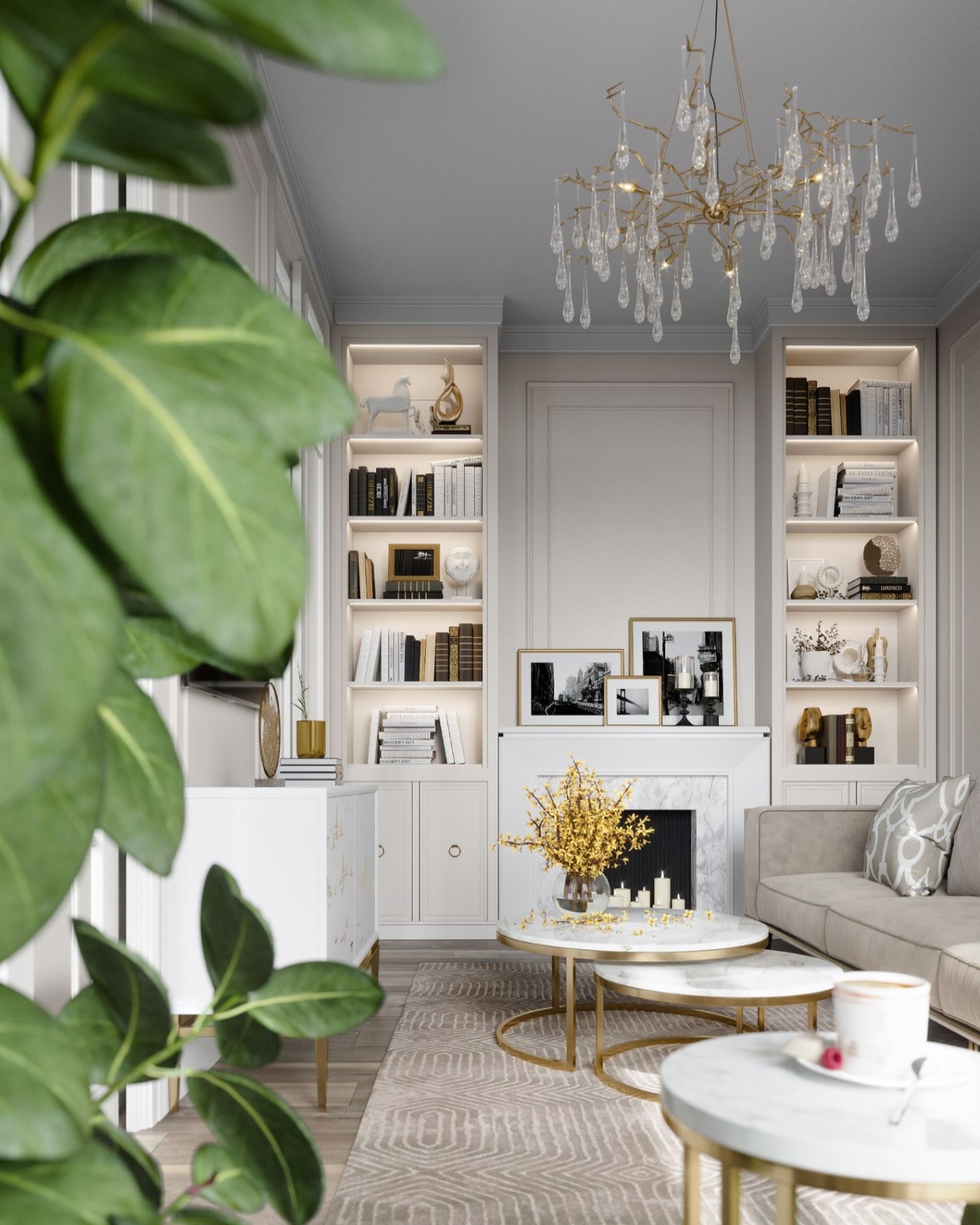 Hệ tủ sách kết hợp để đồ trang trí gắn led