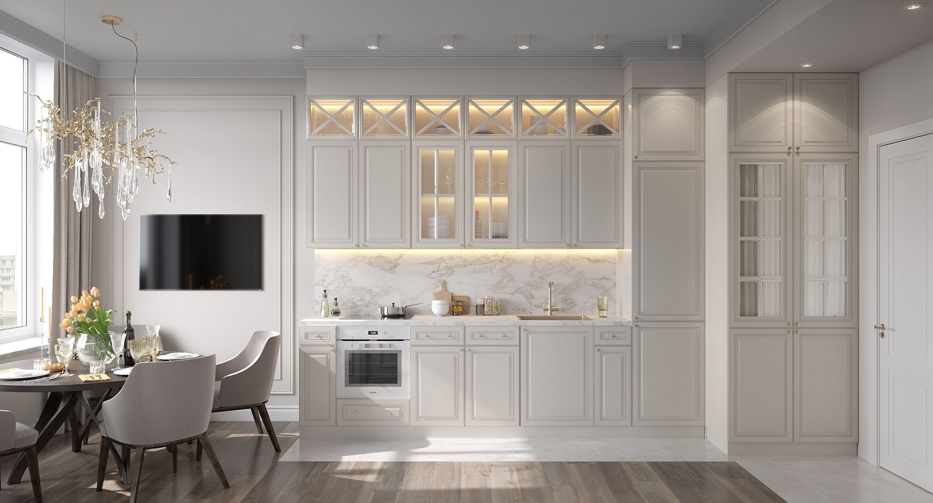 Phòng bếp tích hợp không gian phòng ăn với hệ tủ bếp gỗ tự nhiên và bộ bàn ăn 4 ghế