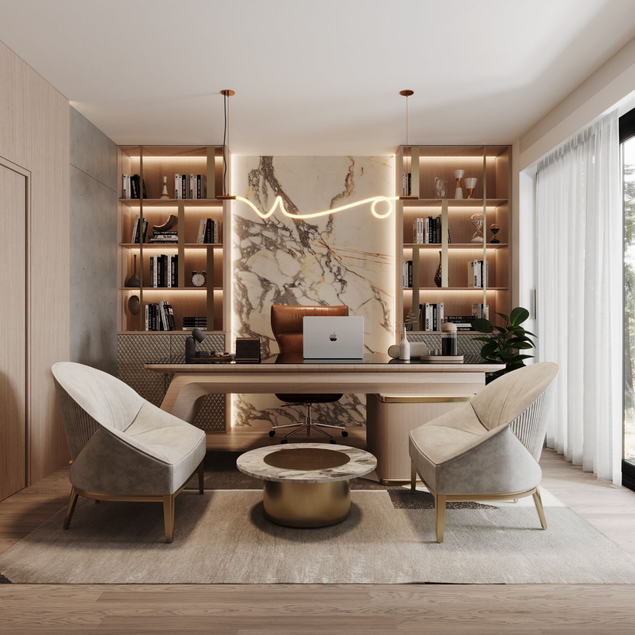 Phòng làm việc sang trọng với bộ bàn trà nhỏ đặt phía chính giữa