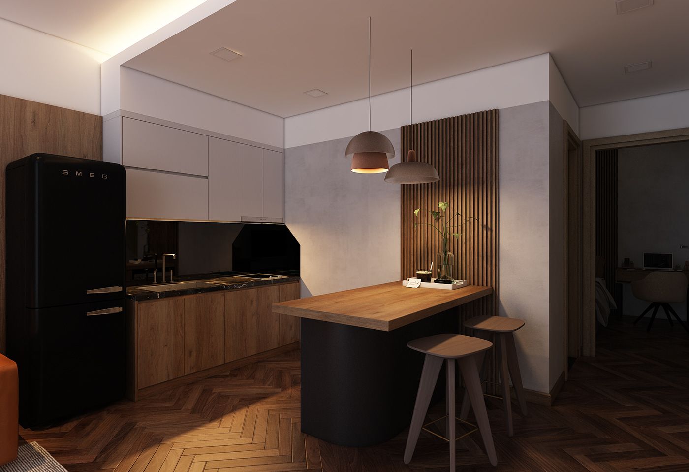 6 Ý tưởng thiết kế căn hộ cho người độc thân cực đẹp - tiết kiệm 57 Hệ tủ bếp chữ I gỗ công nghiệp phủ melamine tích hợp tủ bao tủ lạnh