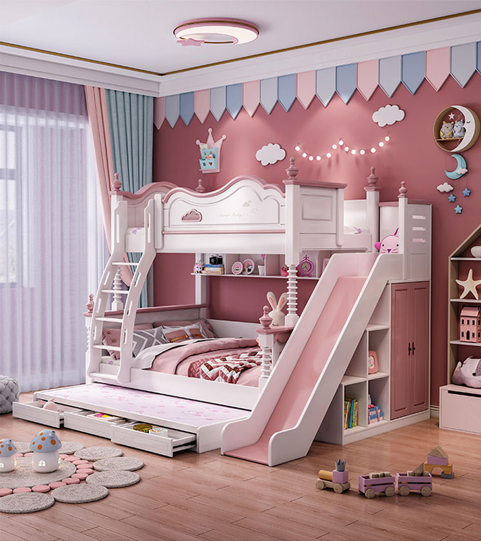 Mẫu giường tầng có cầu trượt độc lạ màu hồng cho bé gái