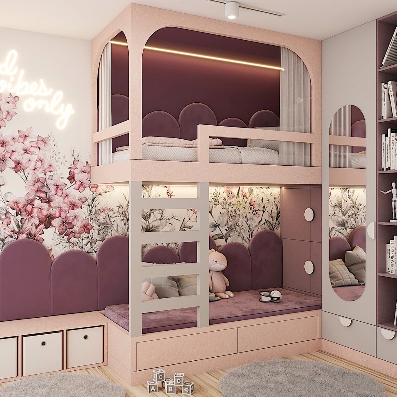 Giường tầng màu hồng phối thêm màu tím cho bé
