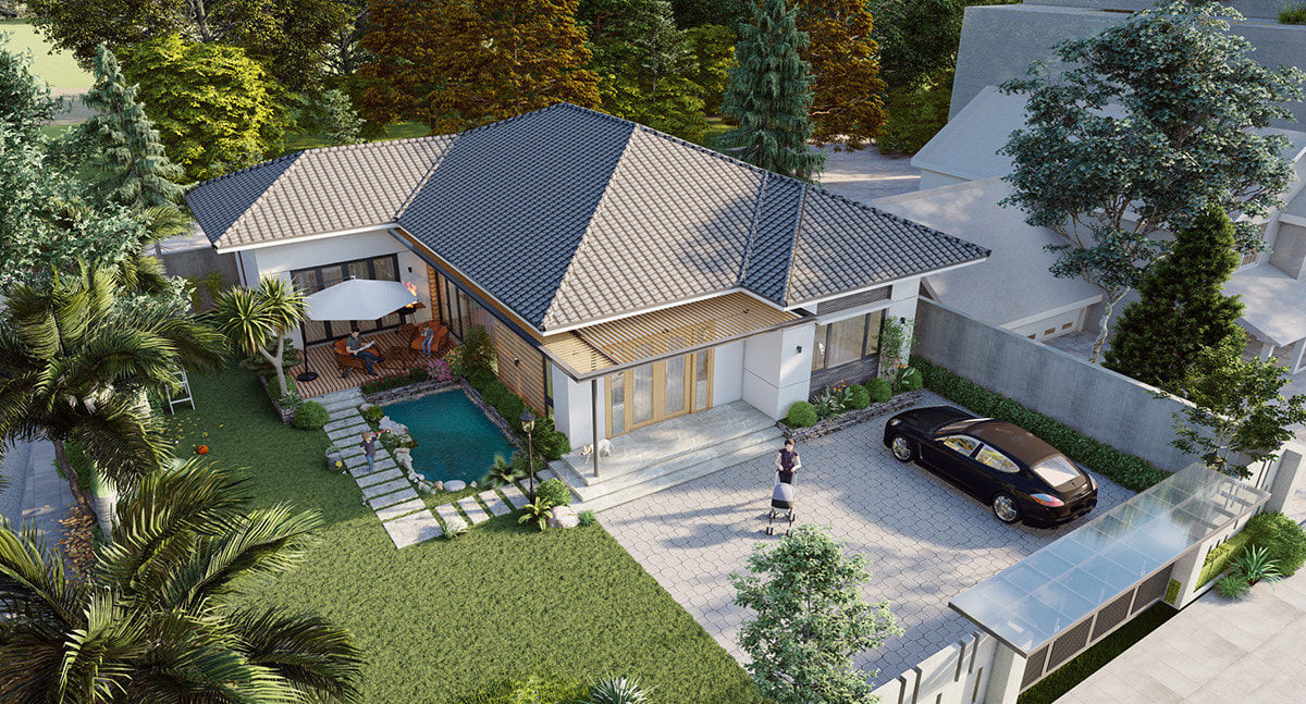 Nhà mái Thái nổi bật với mái hình chữ A có độ nghiêng lớn