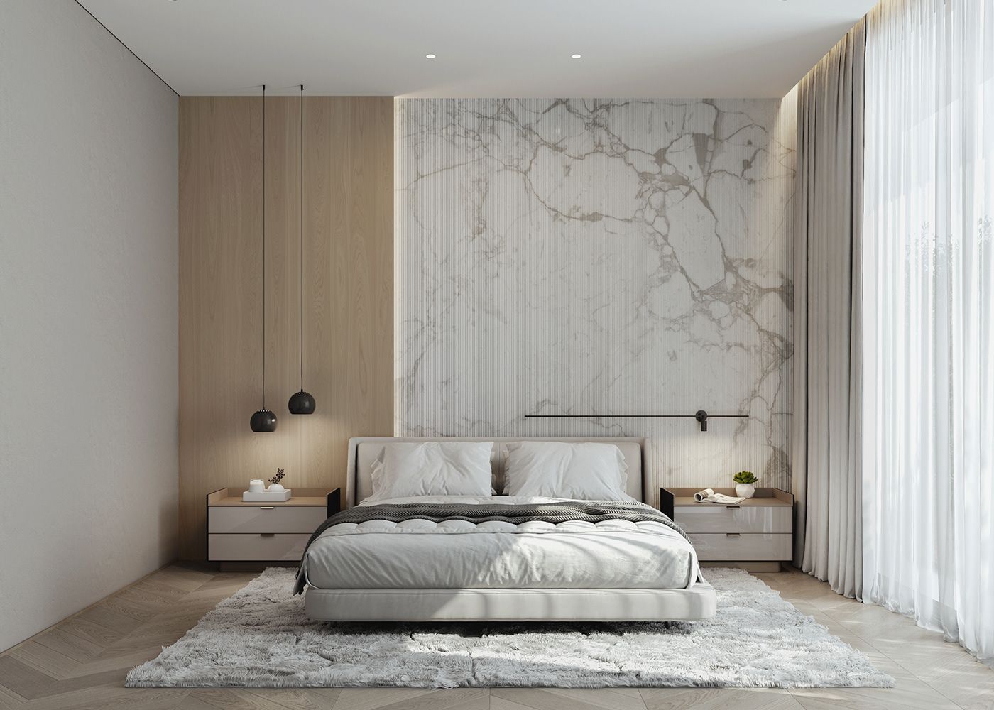 Thiết kế vách tường đầu giường làm bằng gỗ và đá 