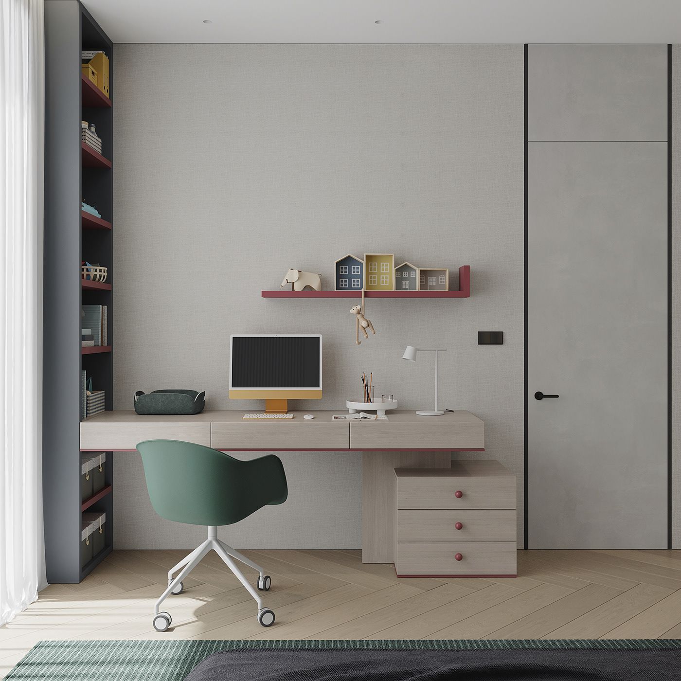 Bố trí bàn học kết hợp tủ sách đứng cuối giường