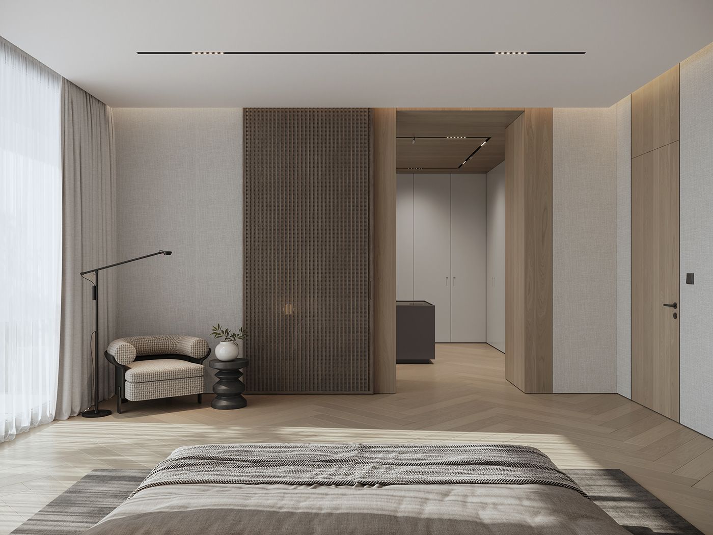 Xu hướng "ít là nhiều" được ứng dụng trong thiết kế nội thất của cả ngôi nhà, phòng ngủ này cũng không ngoại lêj