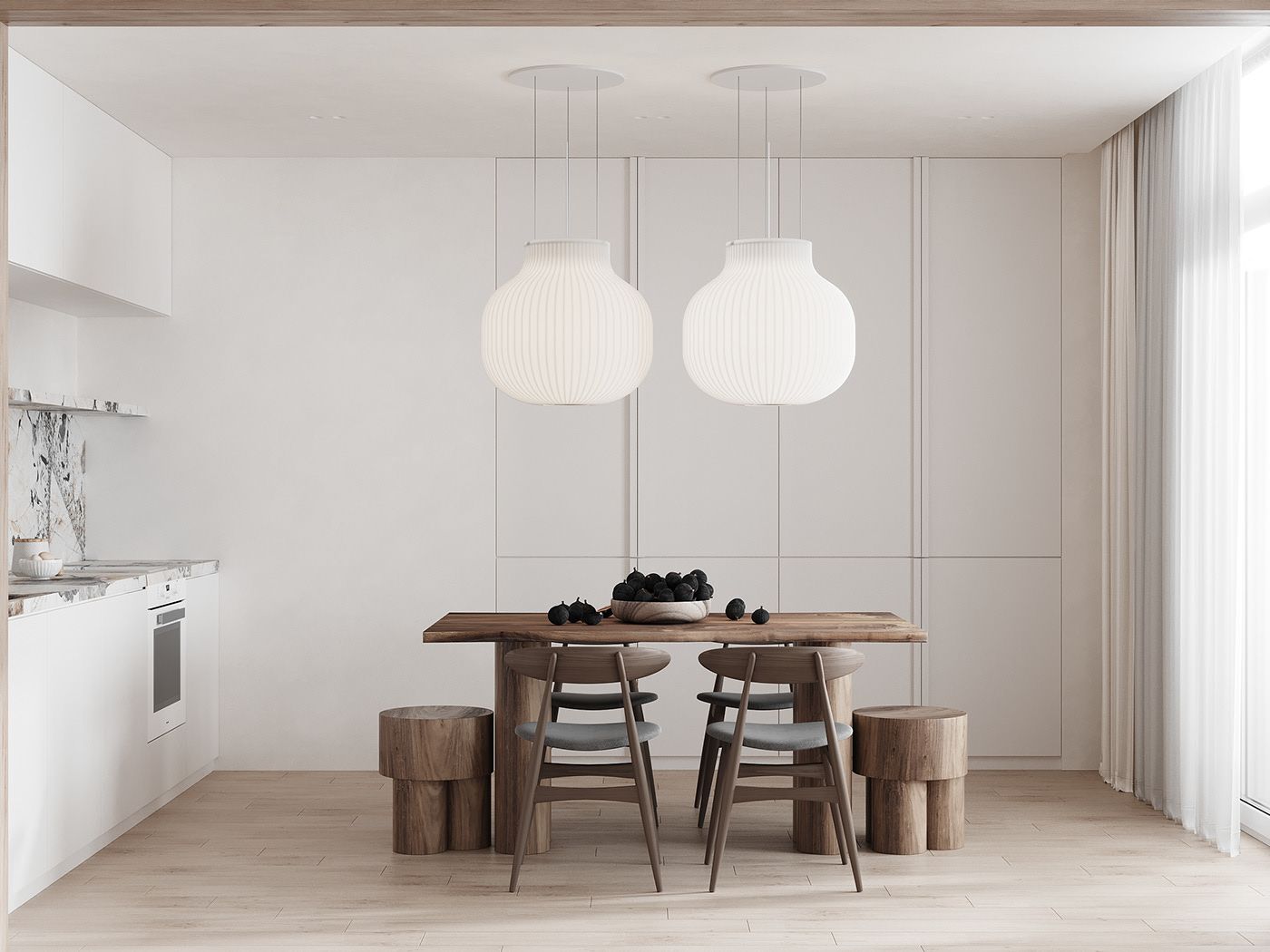 Bộ bàn ăn nhỏ đặt giữa phòng bếp kết hợp hệ tủ bếp chữ I màu trắng