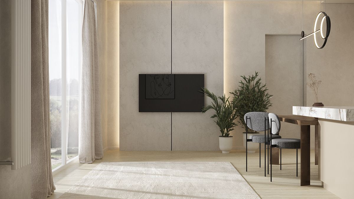 Mảng tường sau tivi được cách điệu bằng đường rãnh ở giữa