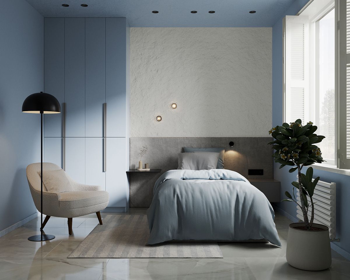 Thiết kế phòng ngủ 2 với gam màu xanh pastel nhẹ nhàng