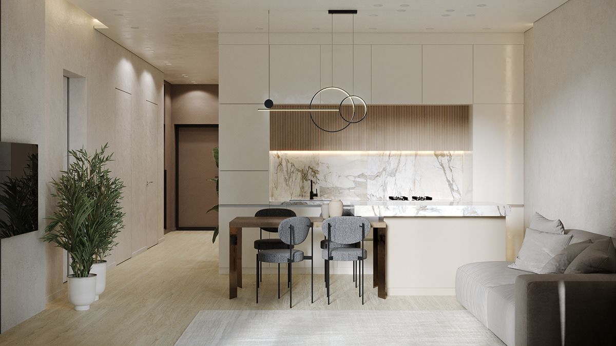 Phòng bếp gồm nội thất cơ bản là bàn ăn và hệ tủ bếp, thêm vào đó là đèn thả trang trí đơn giản