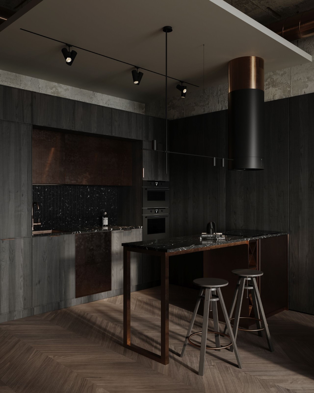 Hệ tủ bếp cùng với nội thất phòng bếp chọn gam màu đen thanh lịch làm gam màu chủ đạo