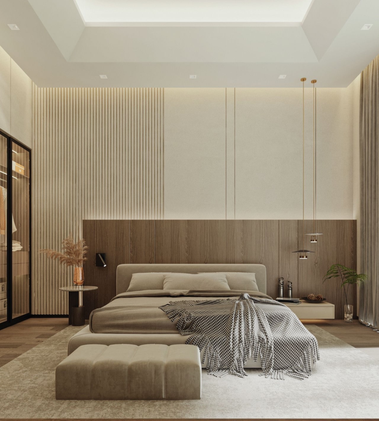 Phòng ngủ nhỏ cũng sử dụng giường bục kết hợp ghế đôn bọc nệm cuối giường 