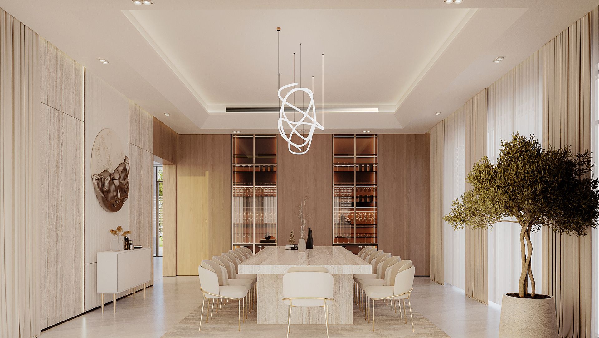 Phòng ăn sang trọng với bàn ghế ăn lớn cùng hệ tủ rượu lớn làm từ kính