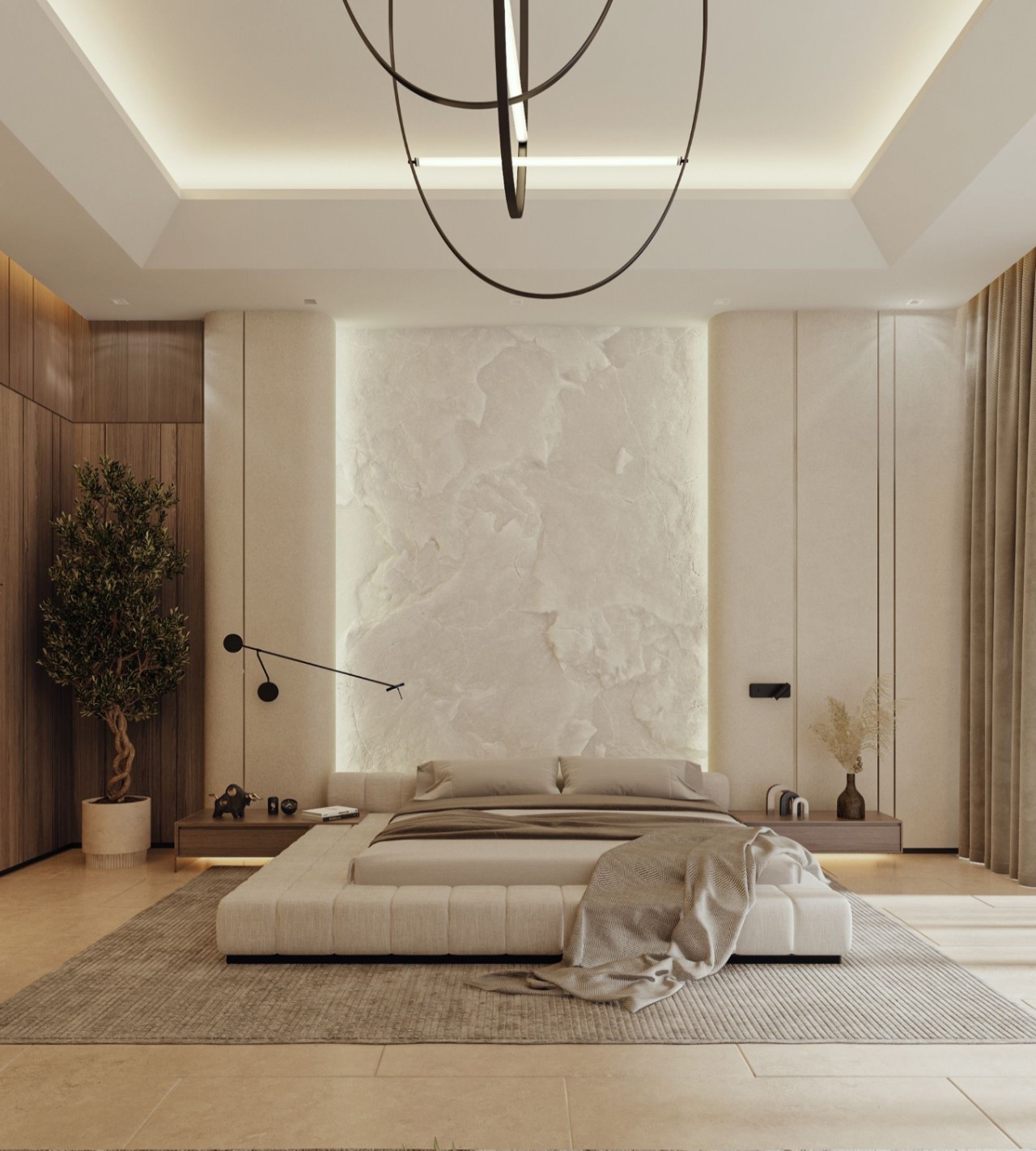 Phòng ngủ vợ chồng sử dụng giường bệt kết hợp thảm lót tinh tế