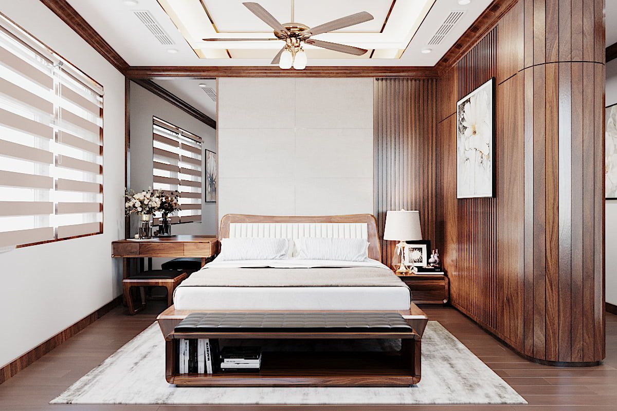 Mẫu 8: Sử dụng hệ tủ quần áo gỗ tự nhiên - Óc Chó cao đụng trần cho phòng ngủ