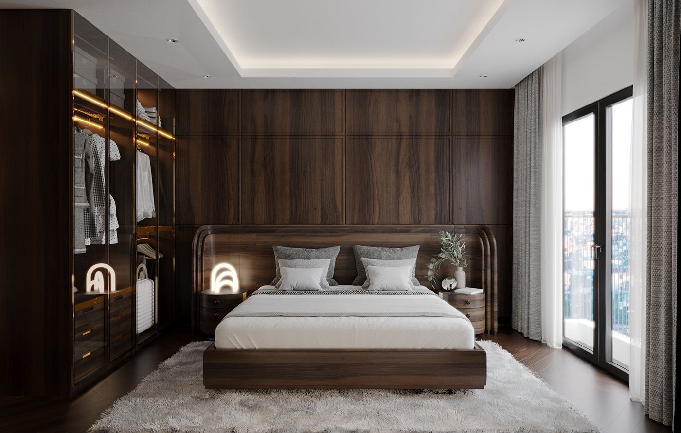 Mẫu 29: Ốp tường đầu giường toàn bộ bằng gỗ Óc Chó cao cấp