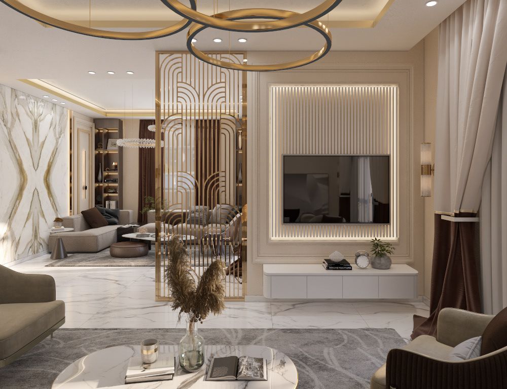 Đặt tivi phía trong mảng tường được cách điệu và gắn led