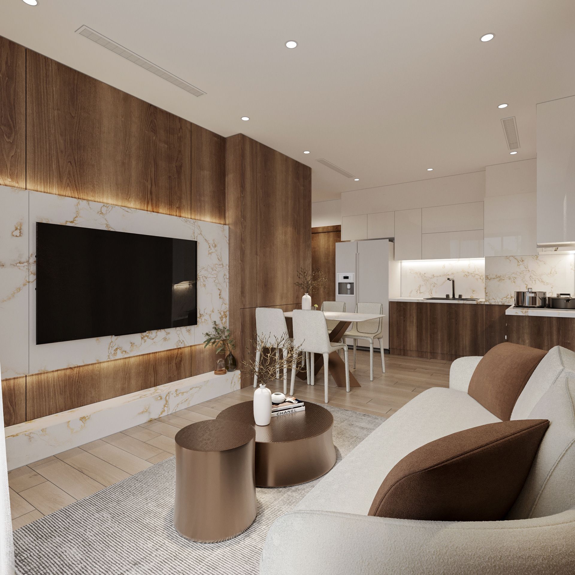 Vách tường sau tivi ốp đã kết hợp gỗ