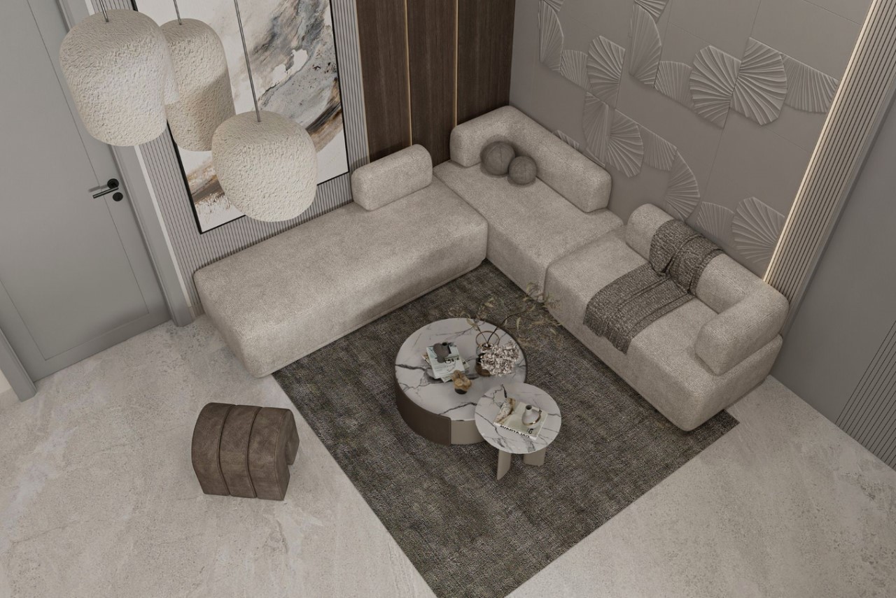 Tổng thể phòng khách 10m2 màu xám từ trên xuống