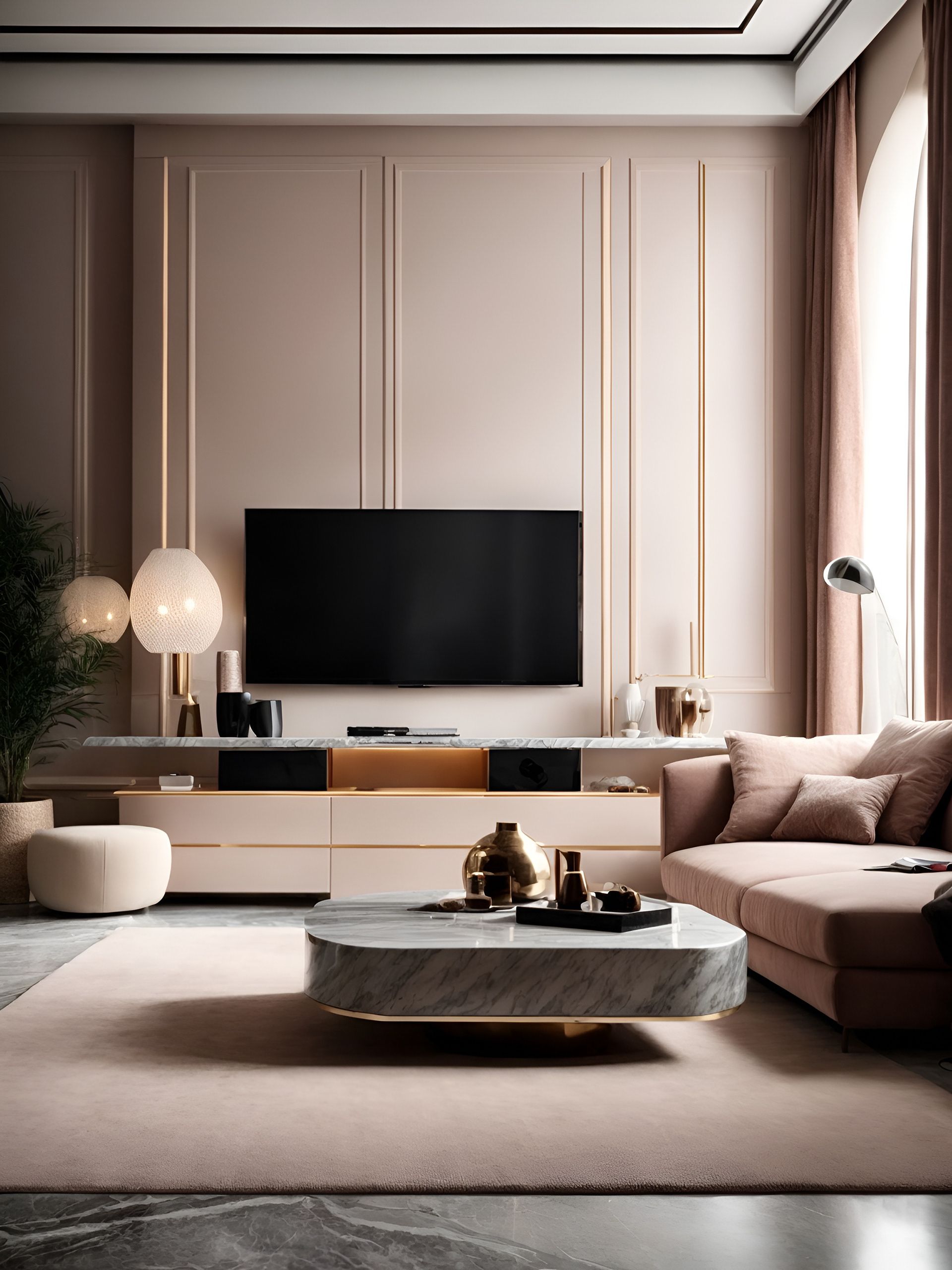 Phòng khách chung cư sử dụng gam màu hồng pastel