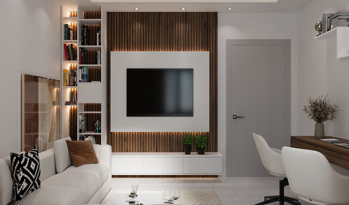 Vách tường sau tivi ốp gỗ và đá kết hợp thêm tủ sách nhỏ