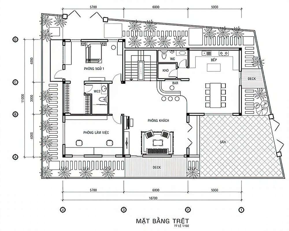 Mẫu 3: Mặt bằng biệt thự tầng trệt đầy đủ tiện nghi và phòng cần thiết 