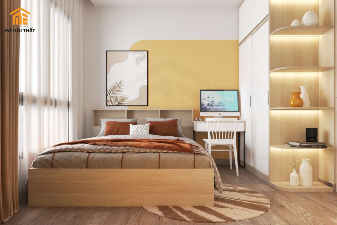 Mẫu 20: Nền tường trắng phối màu vàng nổi bật cho phòng ngủ nữ