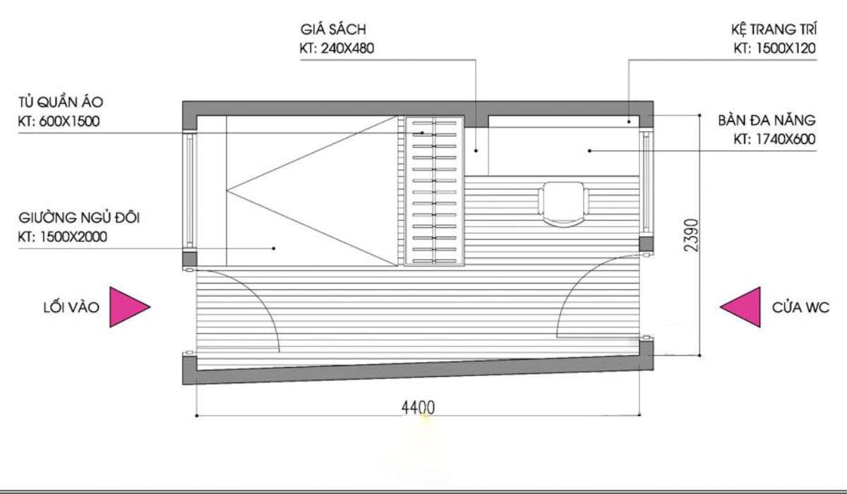 Bố trí nội theo phòng ngủ có kết cấu hình chữ nhật