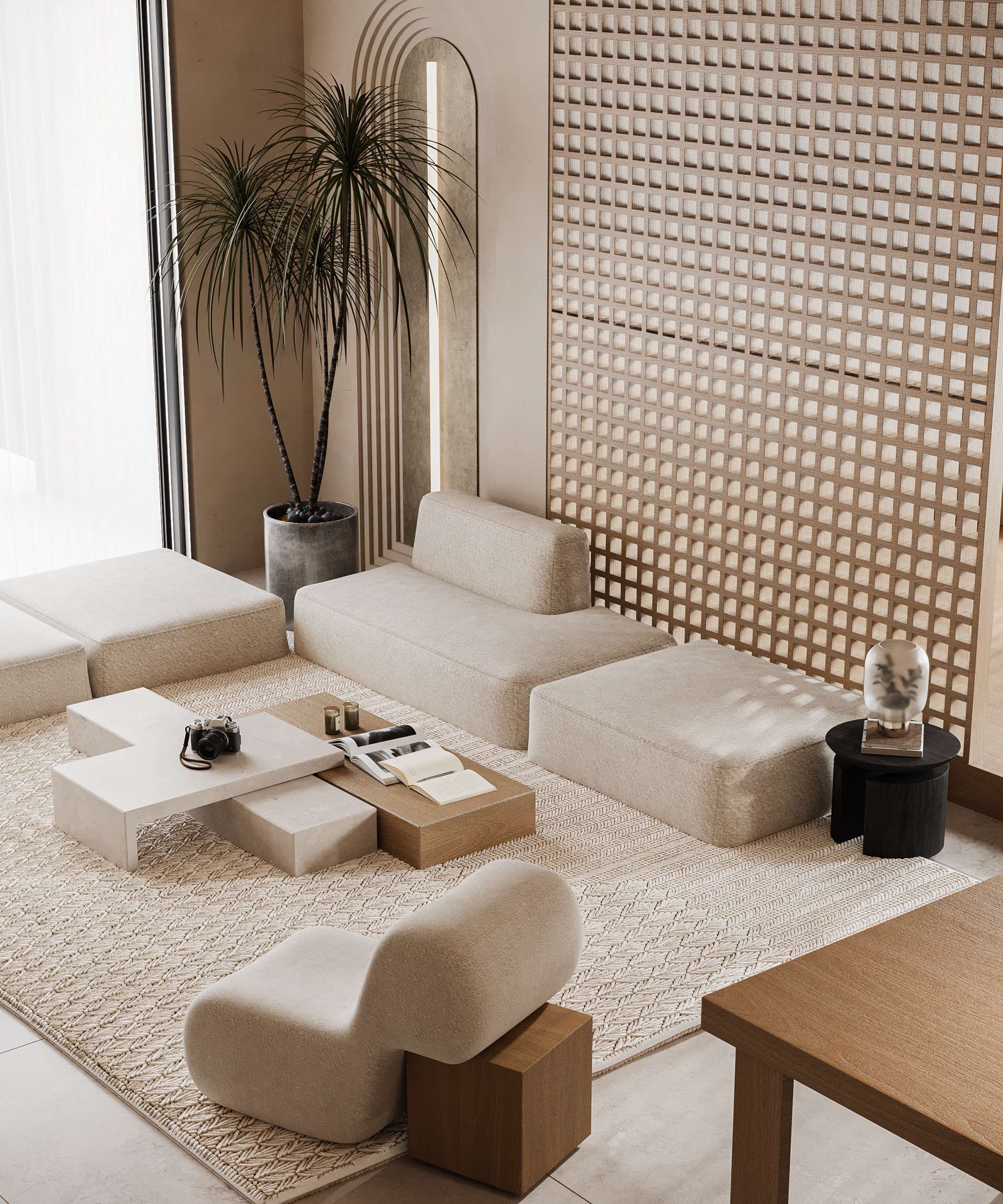 Sự kết hợp giữa tông màu trắng và gỗ tự nhiên, với thảm trang trí nhẹ nhàng, tạo nên không gian sống thanh lịch và tối giản