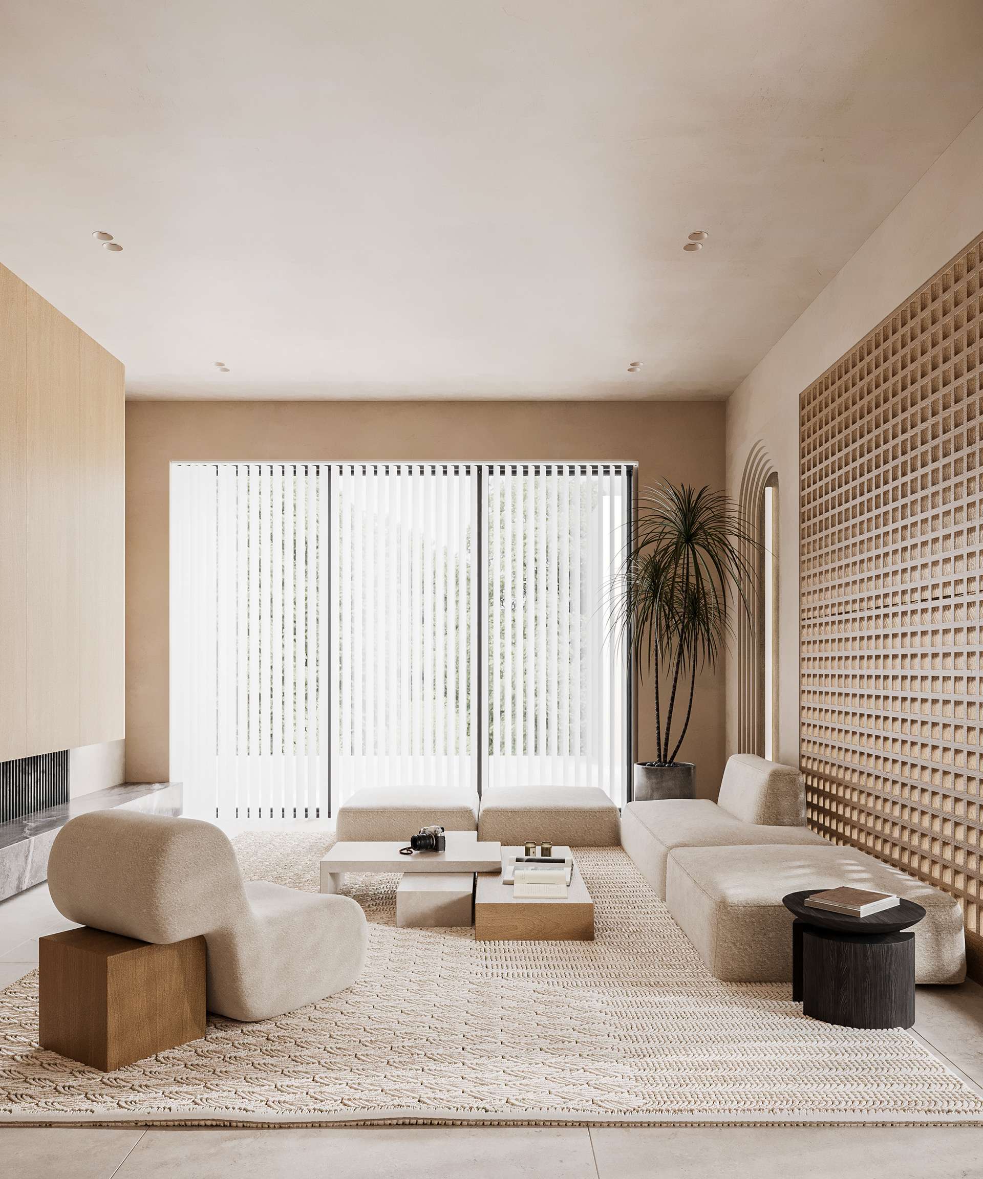Phòng khách được thiết kế theo phong cách Zen, với bàn thấp và cây xanh tạo nên không gian thư giãn và tĩnh lặng