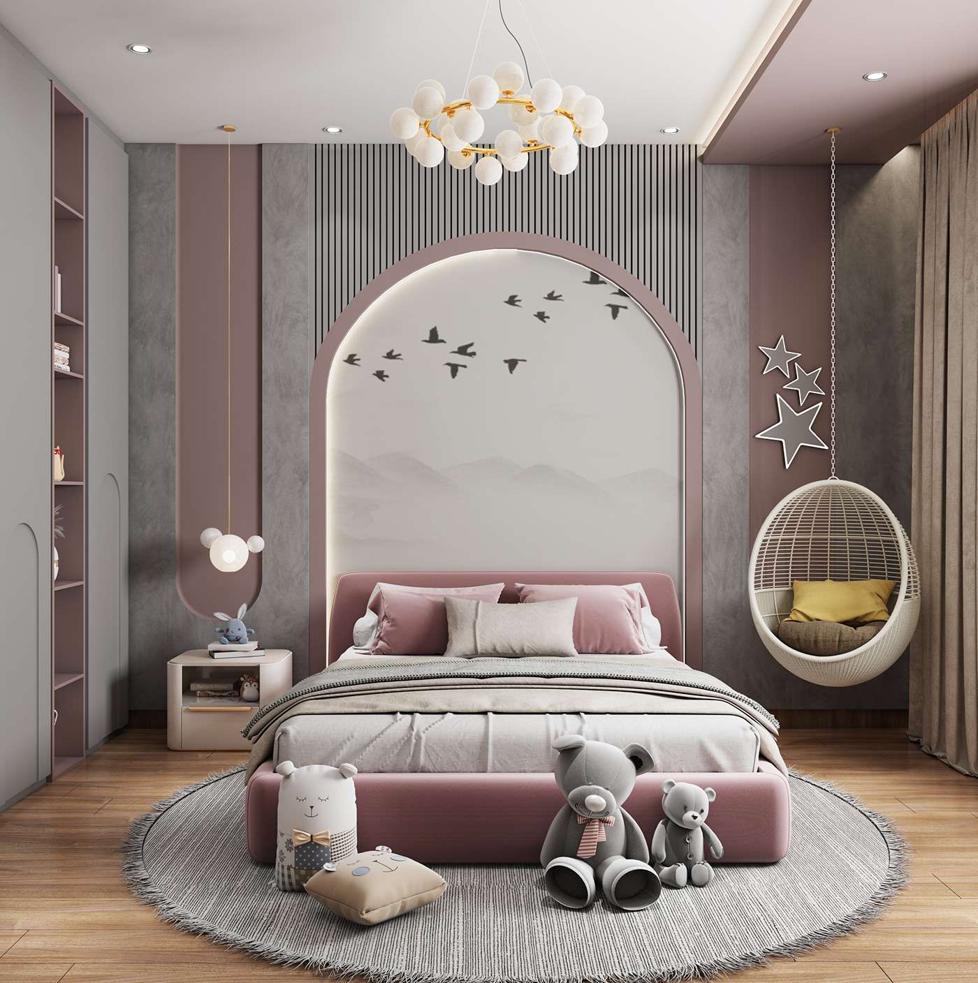 Mẫu 9: Phòng ngủ màu hồng đất phối thêm màu xám hài hòa cho bé Mẫu 9: Phòng ngủ màu hồng đất phối thêm màu xám hài hòa cho bé