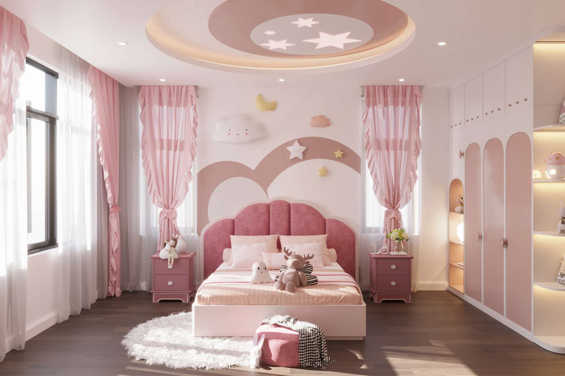 Mẫu 13: Sử dụng trần thạch cao hình ngôi sao cho phòng ngủ bé gái  Mẫu 13: Sử dụng trần thạch cao hình ngôi sao cho phòng ngủ bé gái