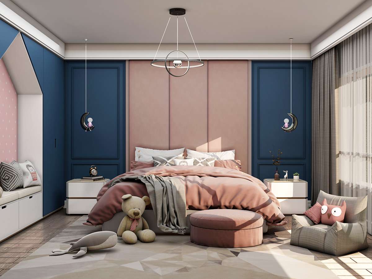 Mẫu 20: Phối màu xanh đậm với màu hồng pastel cho phòng ngủ bé cũng là ý tưởng hay Mẫu 20: Phối màu xanh đậm với màu hồng pastel cho phòng ngủ bé cũng là ý tưởng hay