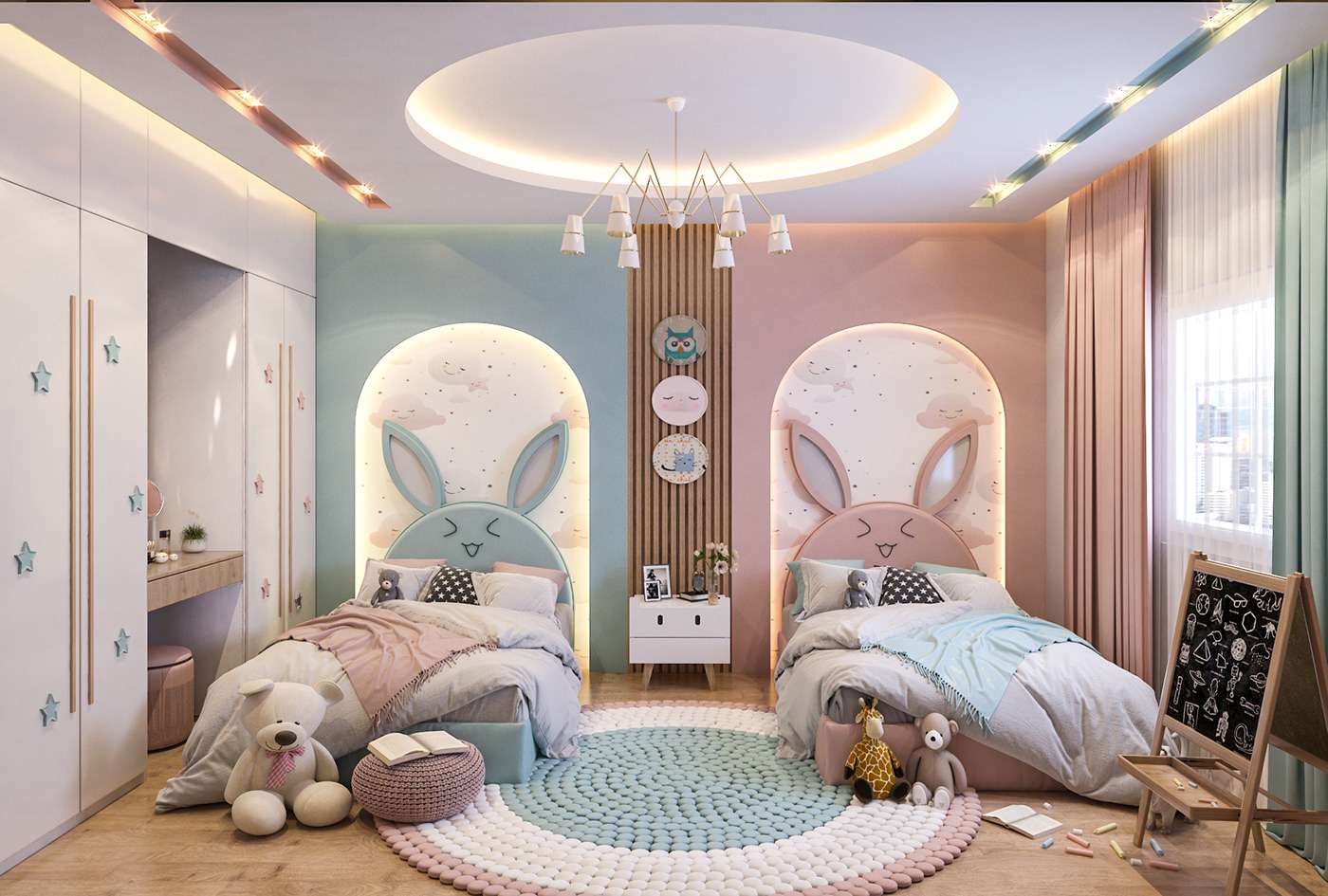 Mẫu 22: Thiết kế phòng ngủ cho 2 bé bằng cách phối 2 màu xanh và hồng pastel Mẫu 22: Thiết kế phòng ngủ cho 2 bé bằng cách phối 2 màu xanh và hồng pastel