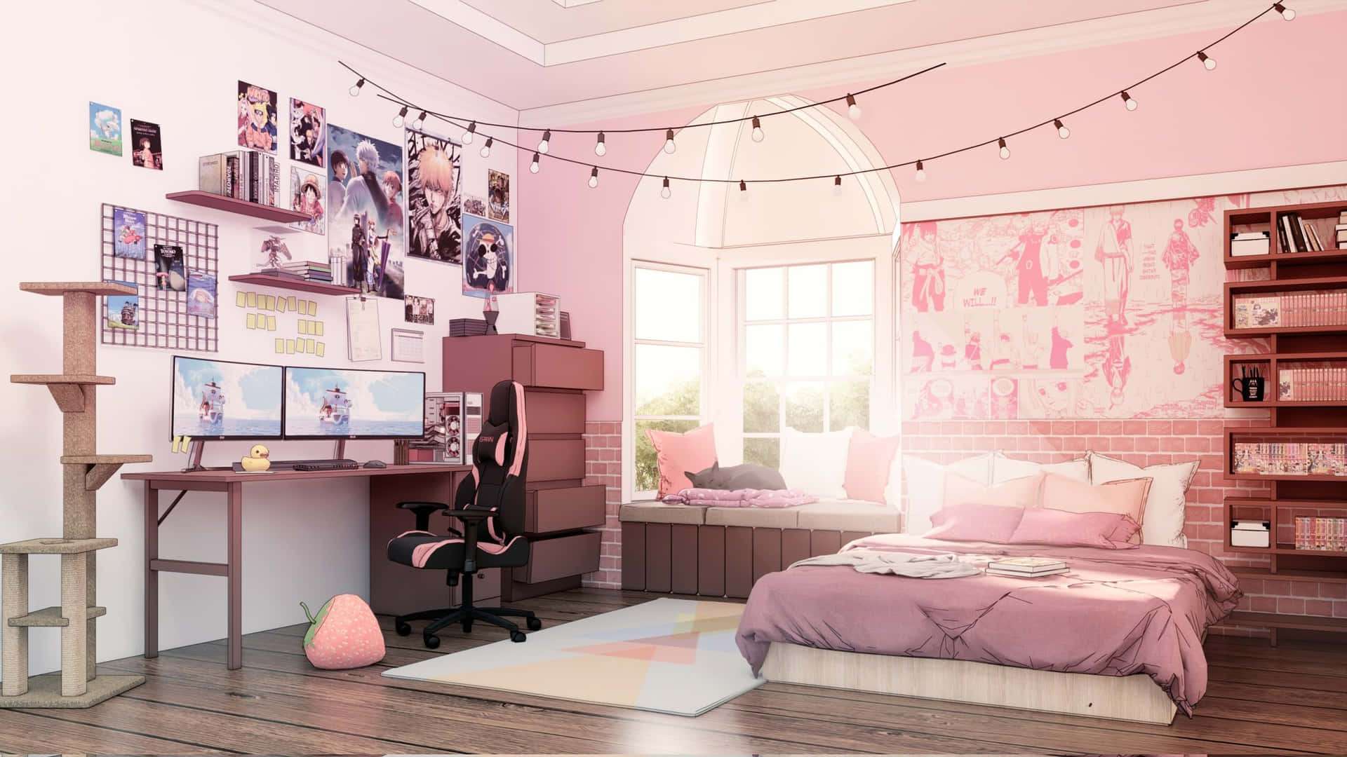 Phòng ngủ anime tone màu hồng nhẹ nhàng, xinh xắn