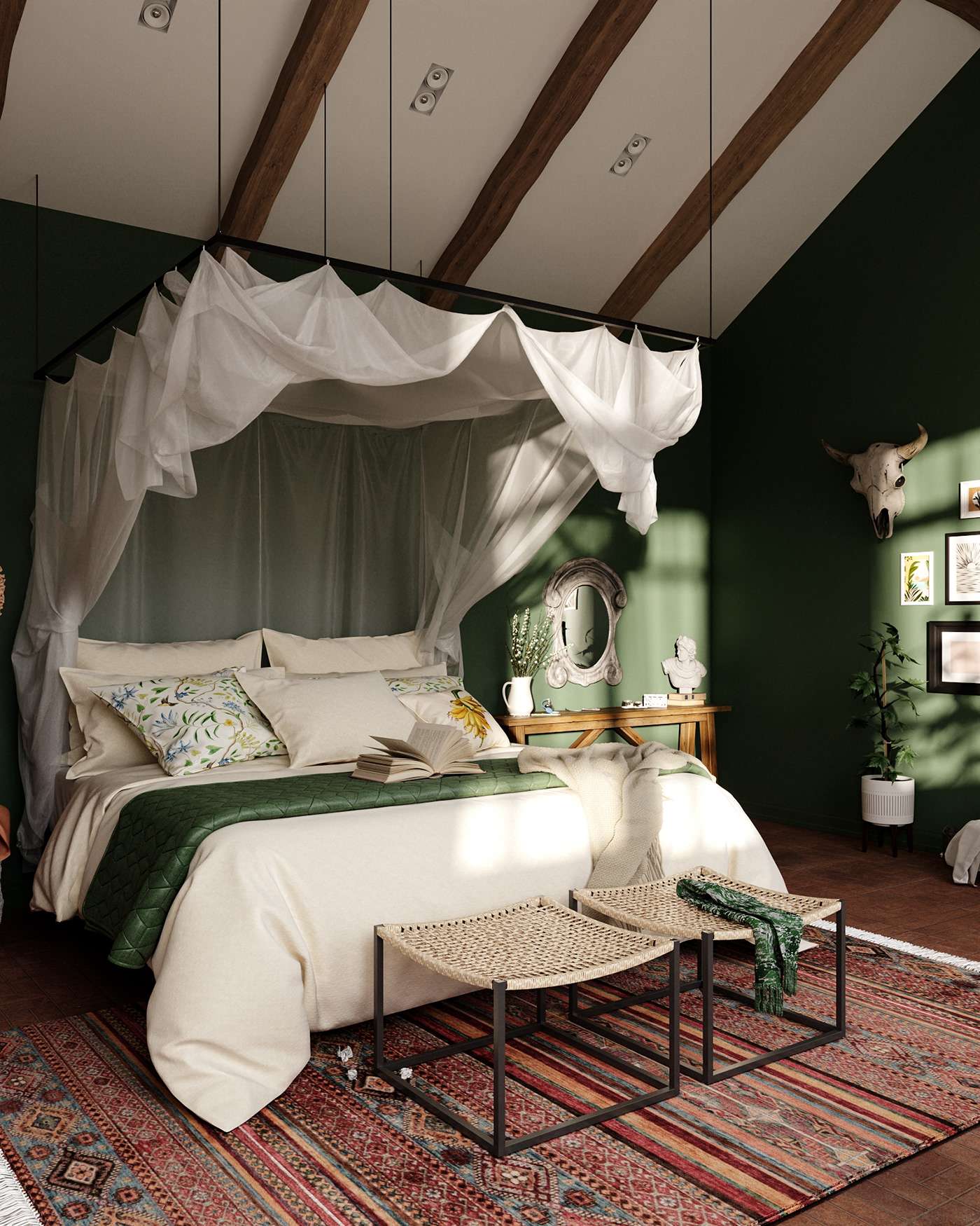 Phòng ngủ thiết kế theo phong thủy với gam màu xanh lá, phản ánh sự ấm áp và hài hòa cho gia chủ mệnh Hỏa.