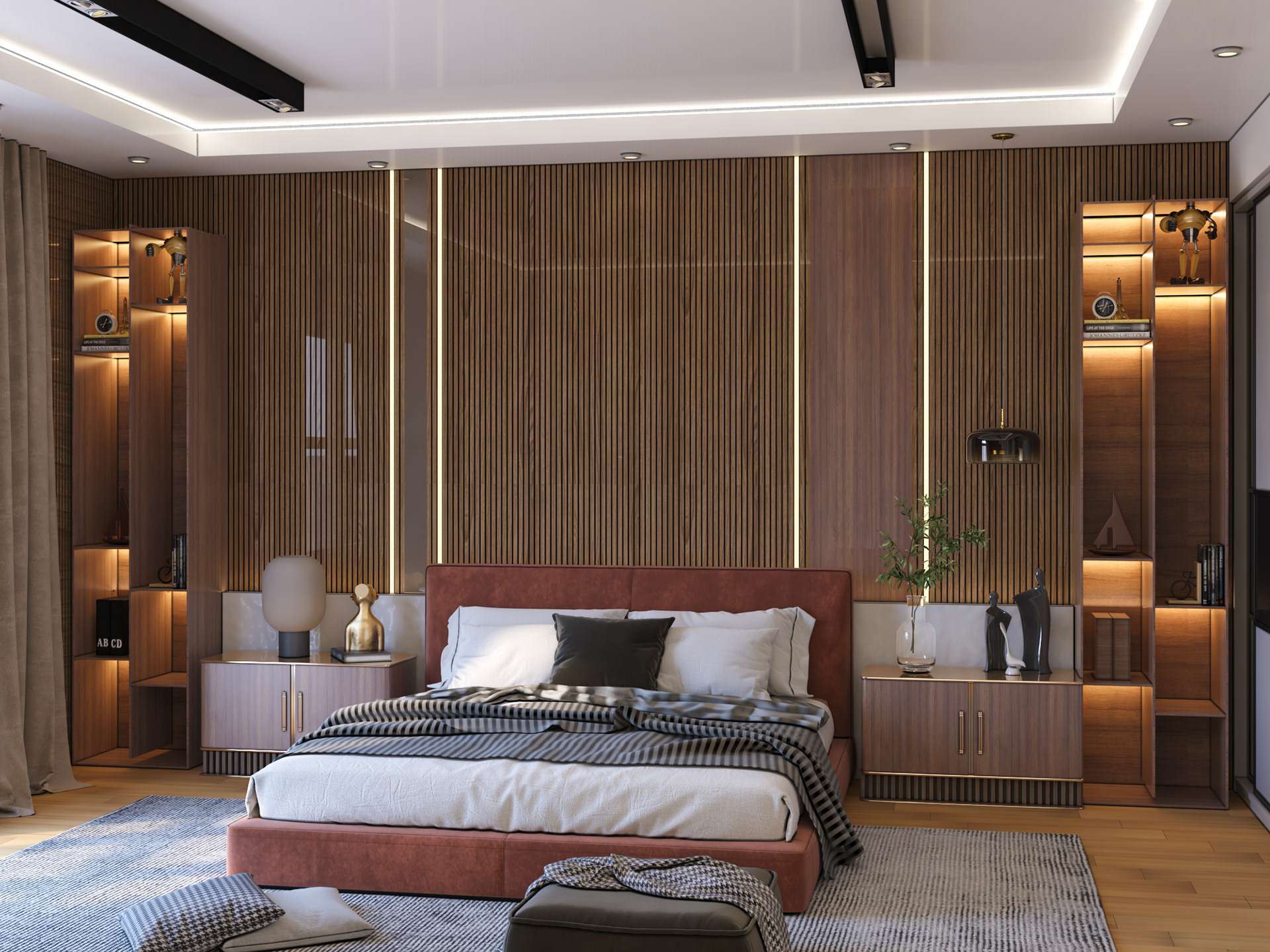 Màu nâu nhạt của tường kết hợp với màu trắng của trần nhà tạo nên không gian phòng ngủ hiện đại, nổi bật