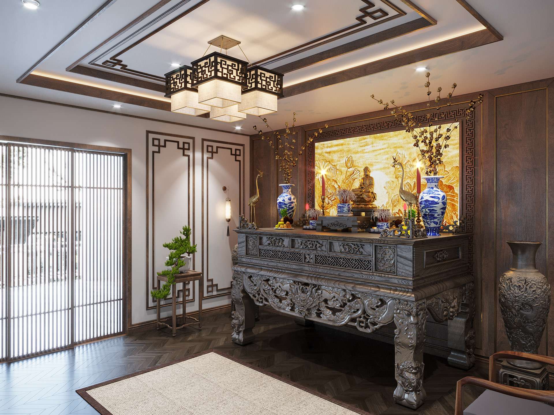 Giấy dán tường màu vàng rất phù hợp cho không gian thờ cúng Giấy dán tường màu vàng rất phù hợp cho không gian thờ cúng