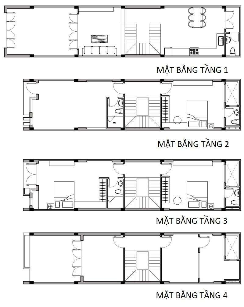 Mẫu bố trí mặt bằng nhà phố 4 tầng hợp phong thủy