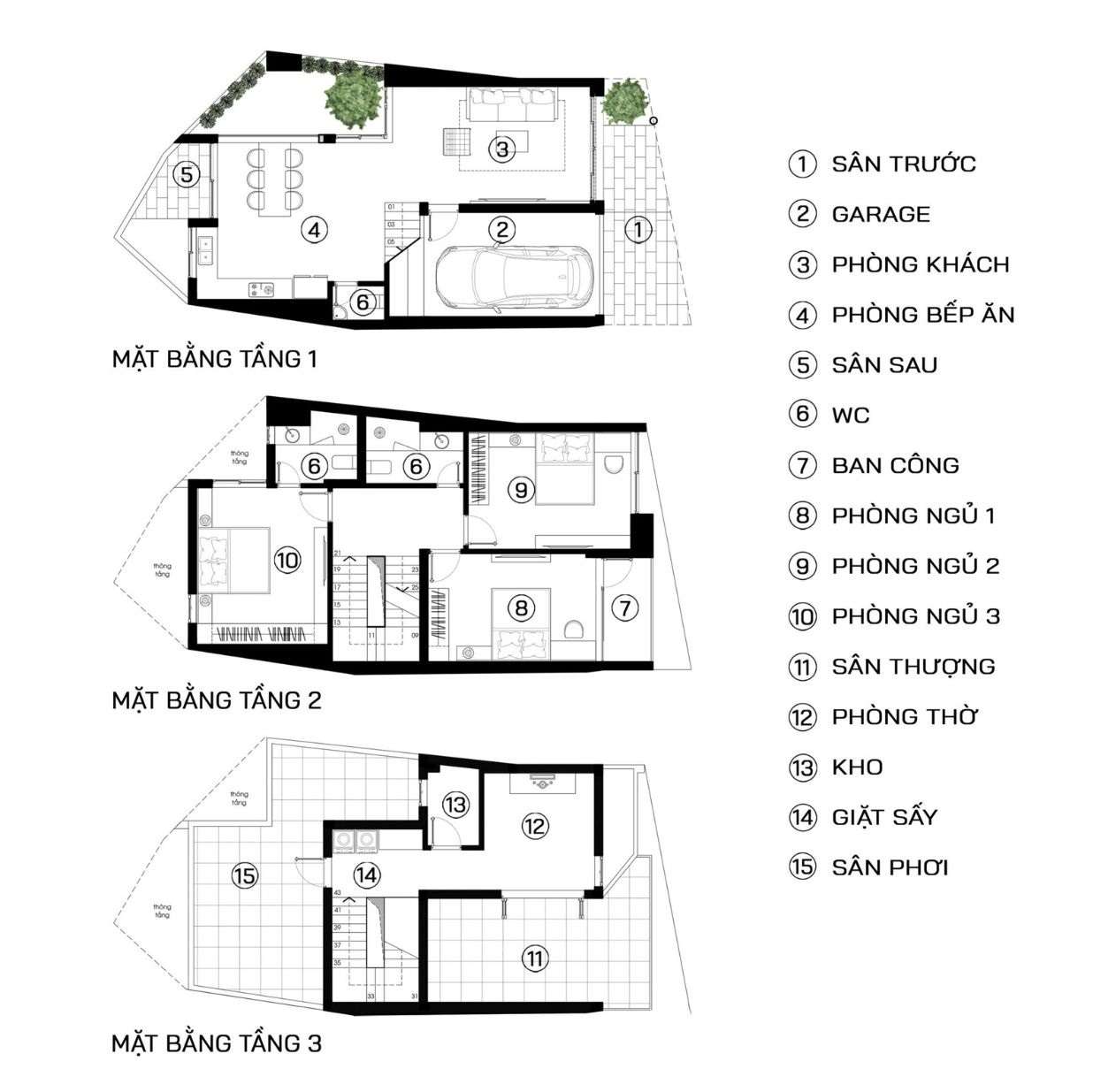 Bản vẽ mặt bằng nhà phố 3 tầng trên lô đất không vuông vức