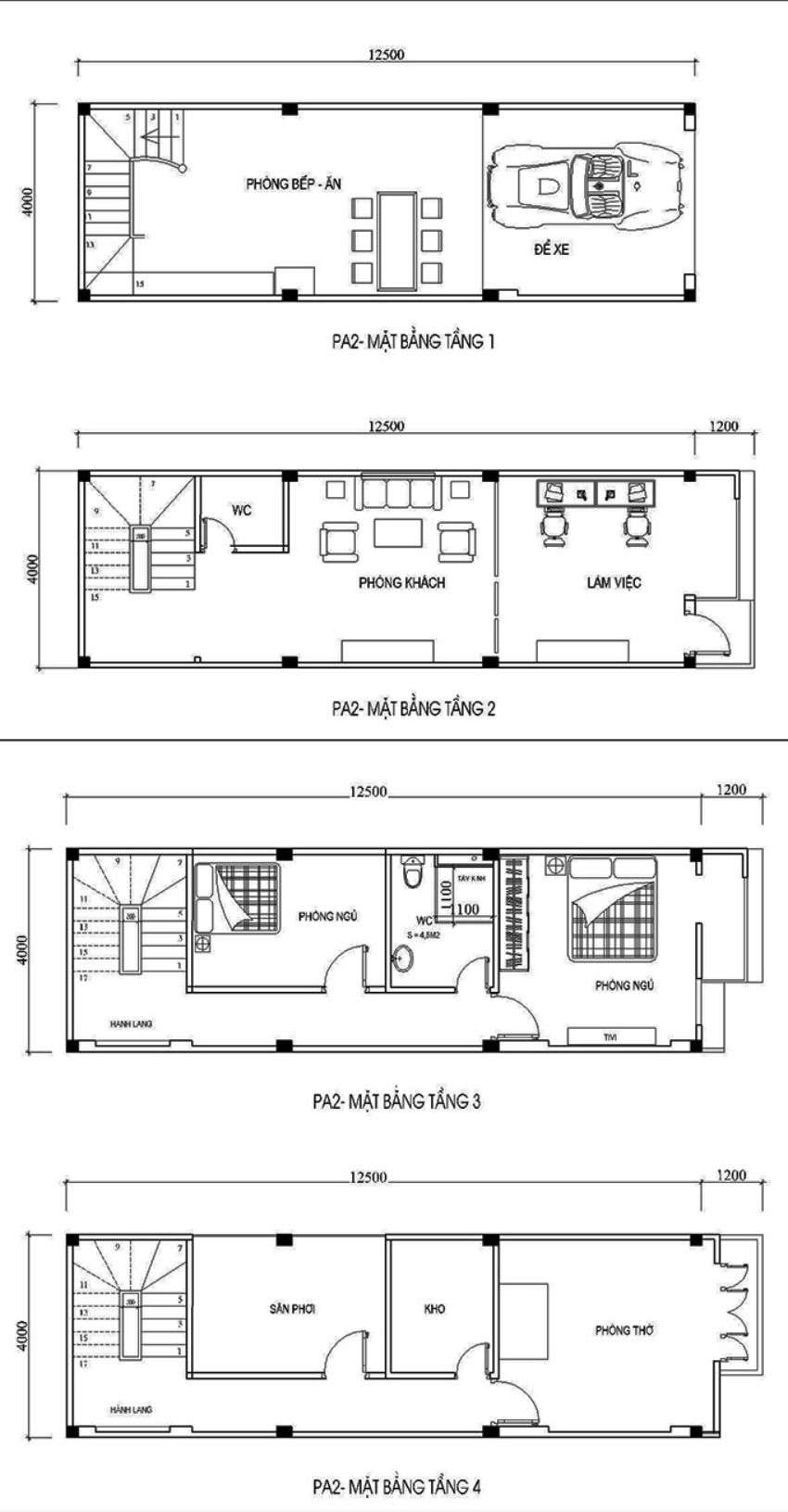 Bản vẽ nội thất nhà phố 4 tầng đẹp hiện đại