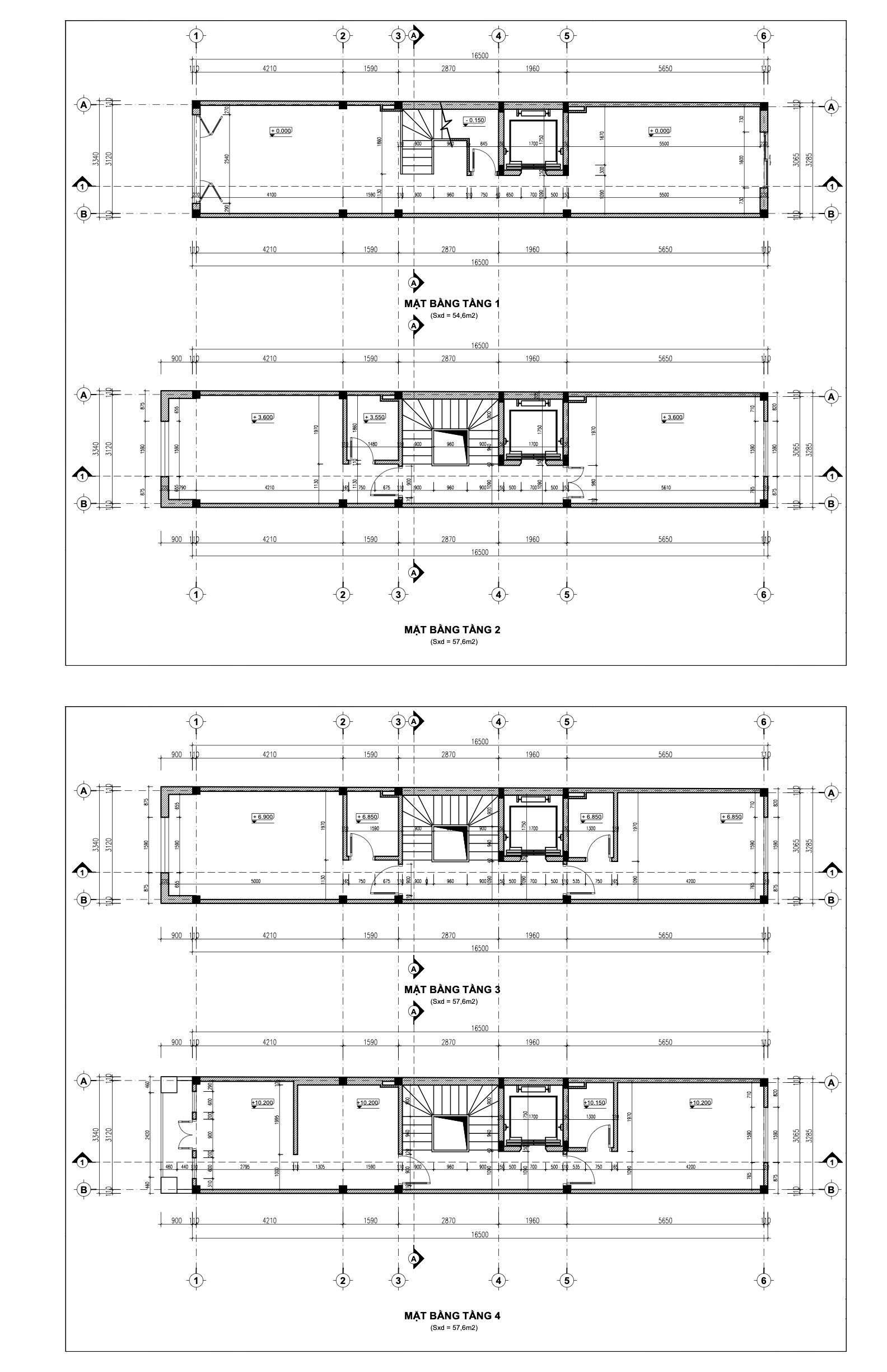 Mẫu bản vẽ mặt bằng nhà phố chi tiết với 4 tầng 1 tum