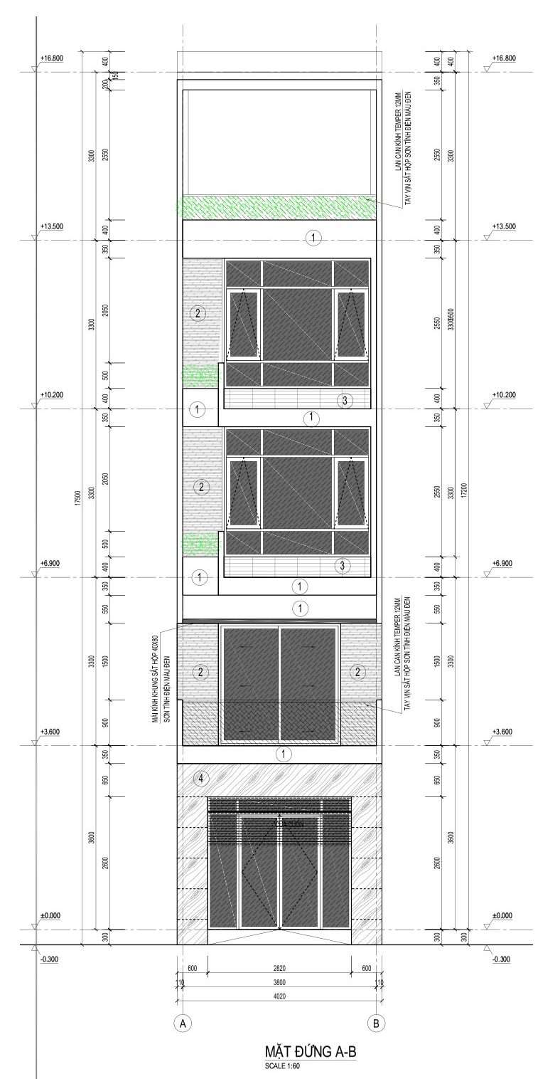 Bản vẽ mặt đứng của căn nhà phố 4 tầng diện tích 48m2