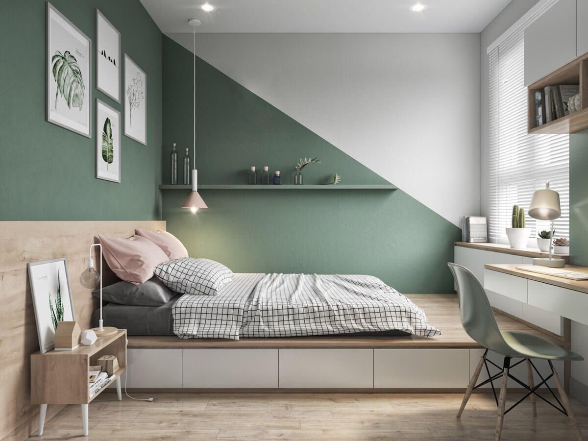 Thiết kế nội thất nhà ống với gam màu xanh lá cây tươi mát cho phòng ngủ