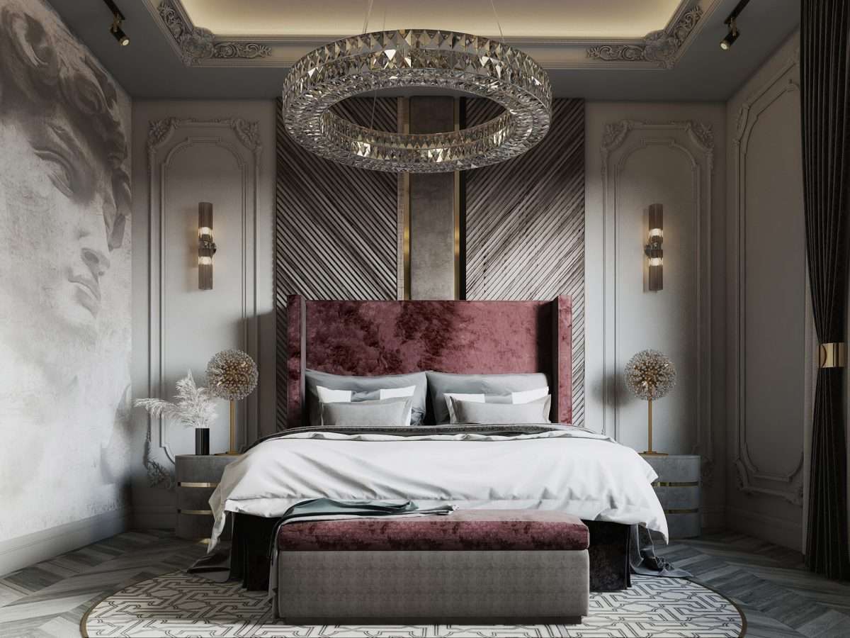 Mẫu phòng ngủ tân cổ điển 30m2 với giường ngủ bọc vải nhung sang trọng Mẫu phòng ngủ tân cổ điển 30m2 với giường ngủ bọc vải nhung sang trọng