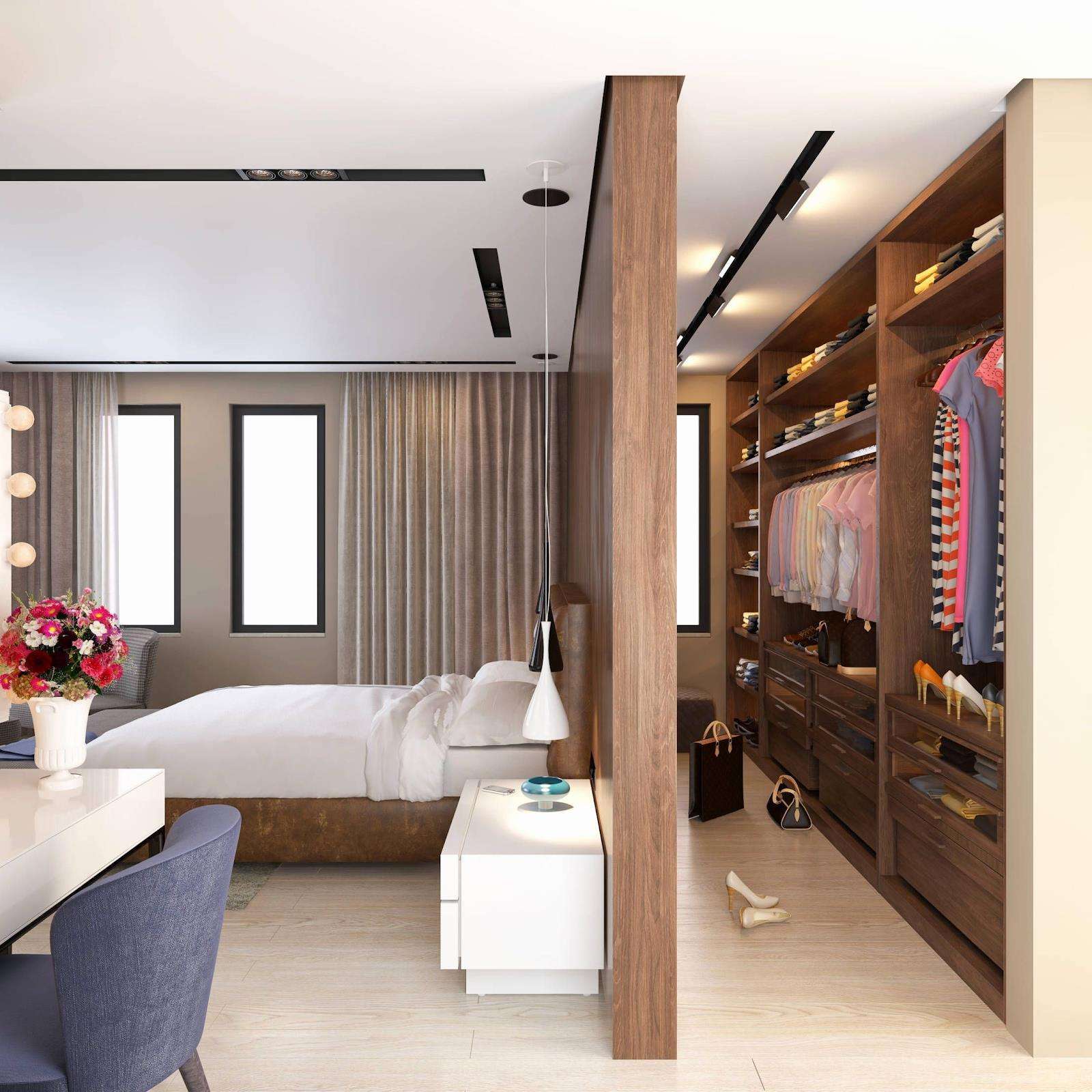 Phong ngu 30m2 Sự kết hợp giữa phòng thay đồ và phòng ngủ 30m2 tạo nên một không gian sống tiện nghi đa năng