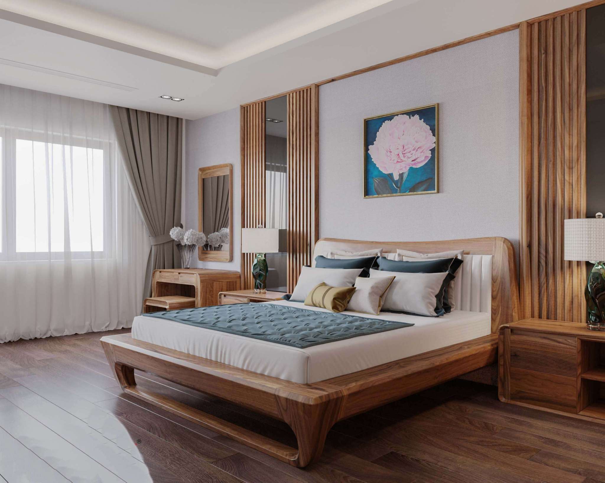 Không gian phòng ngủ đẹp 30m2 với nội thất gỗ xoan đào cùng trần thạch cao giật cấp Không gian phòng ngủ đẹp 30m2 với nội thất gỗ xoan đào cùng trần thạch cao giật cấp