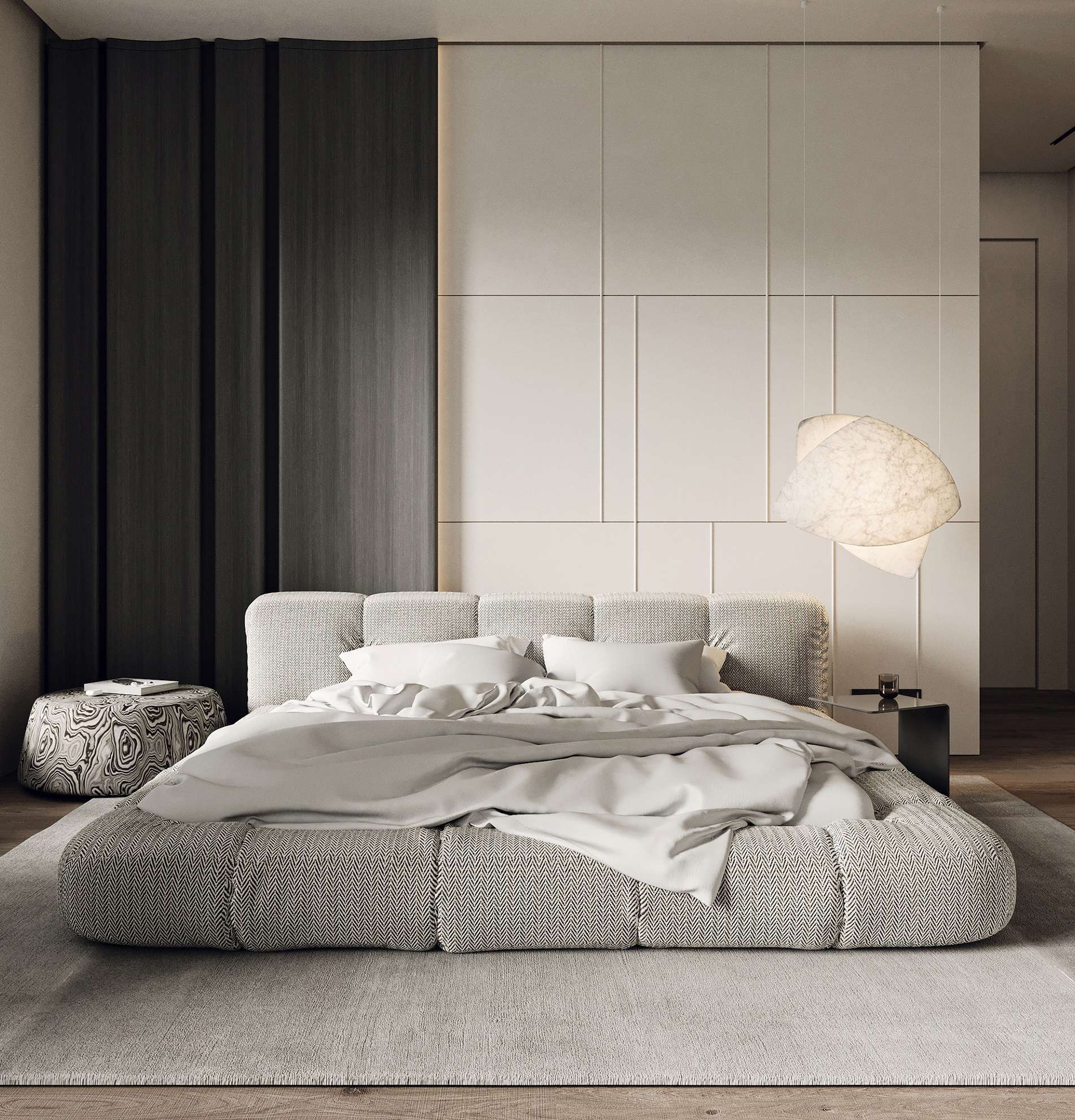 Thiết kế phòng ngủ rộng 30m2 hiện đại với gam màu trung tính Thiết kế phòng ngủ rộng 30m2 hiện đại với gam màu trung tính