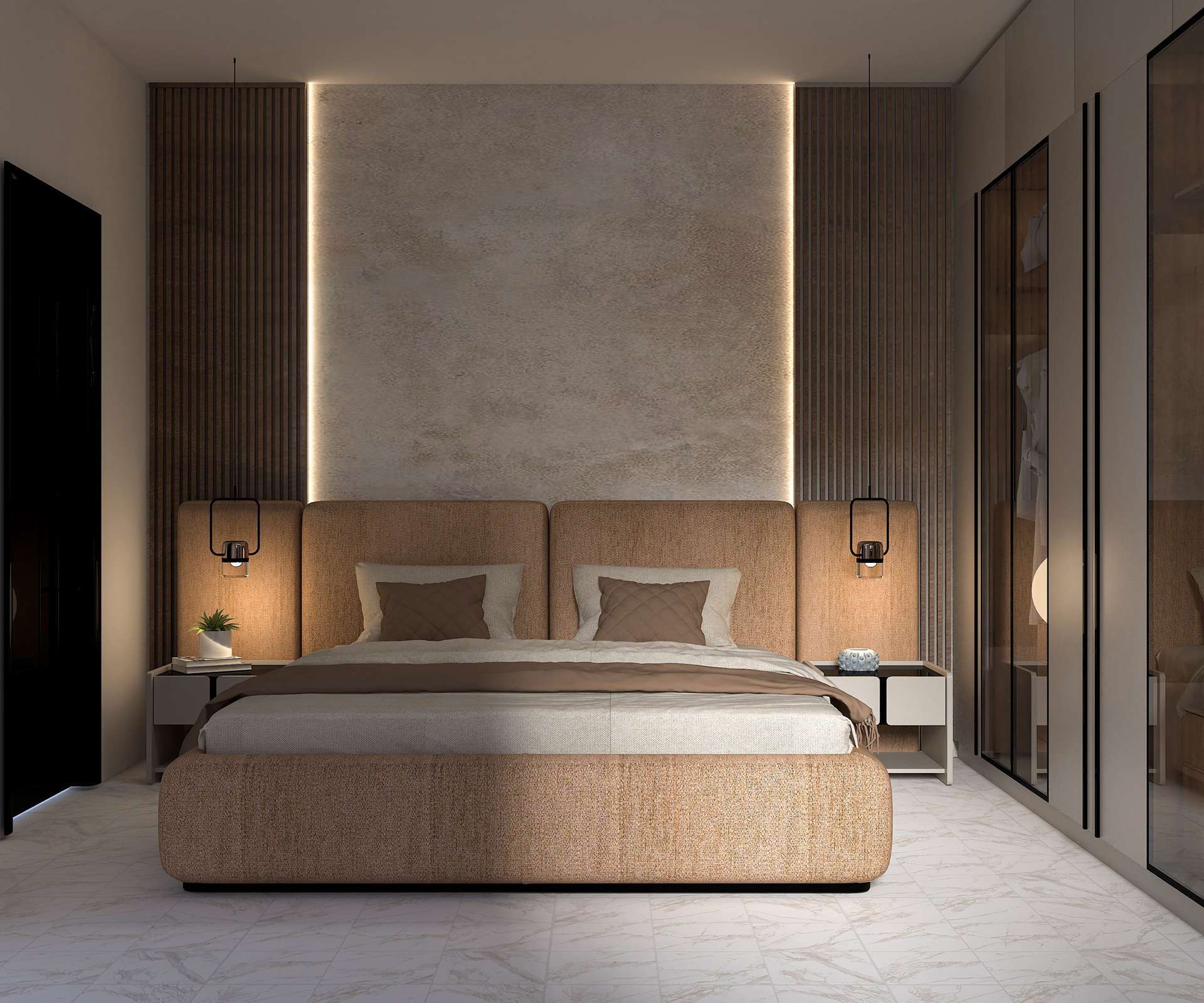 Trang trí nan gỗ ốp tường trong không gian phòng ngủ hiện đại 30m2 Trang trí nan gỗ ốp tường trong không gian phòng ngủ hiện đại 30m2